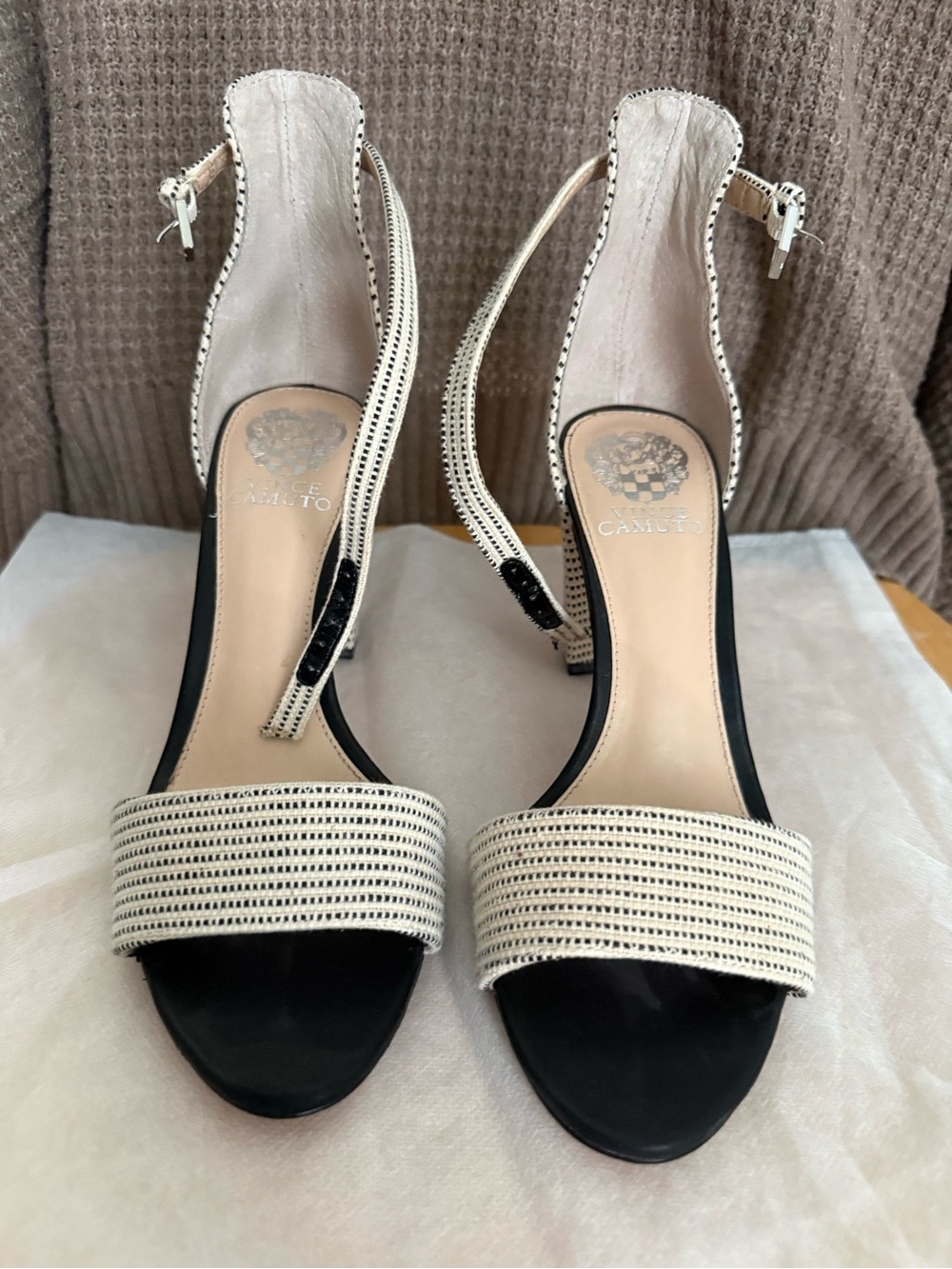 Vince Camuto Black and Cream Strappy Slingback Heels
